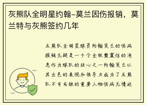 灰熊队全明星约翰-莫兰因伤报销，莫兰特与灰熊签约几年
