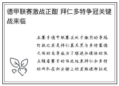 德甲联赛激战正酣 拜仁多特争冠关键战来临